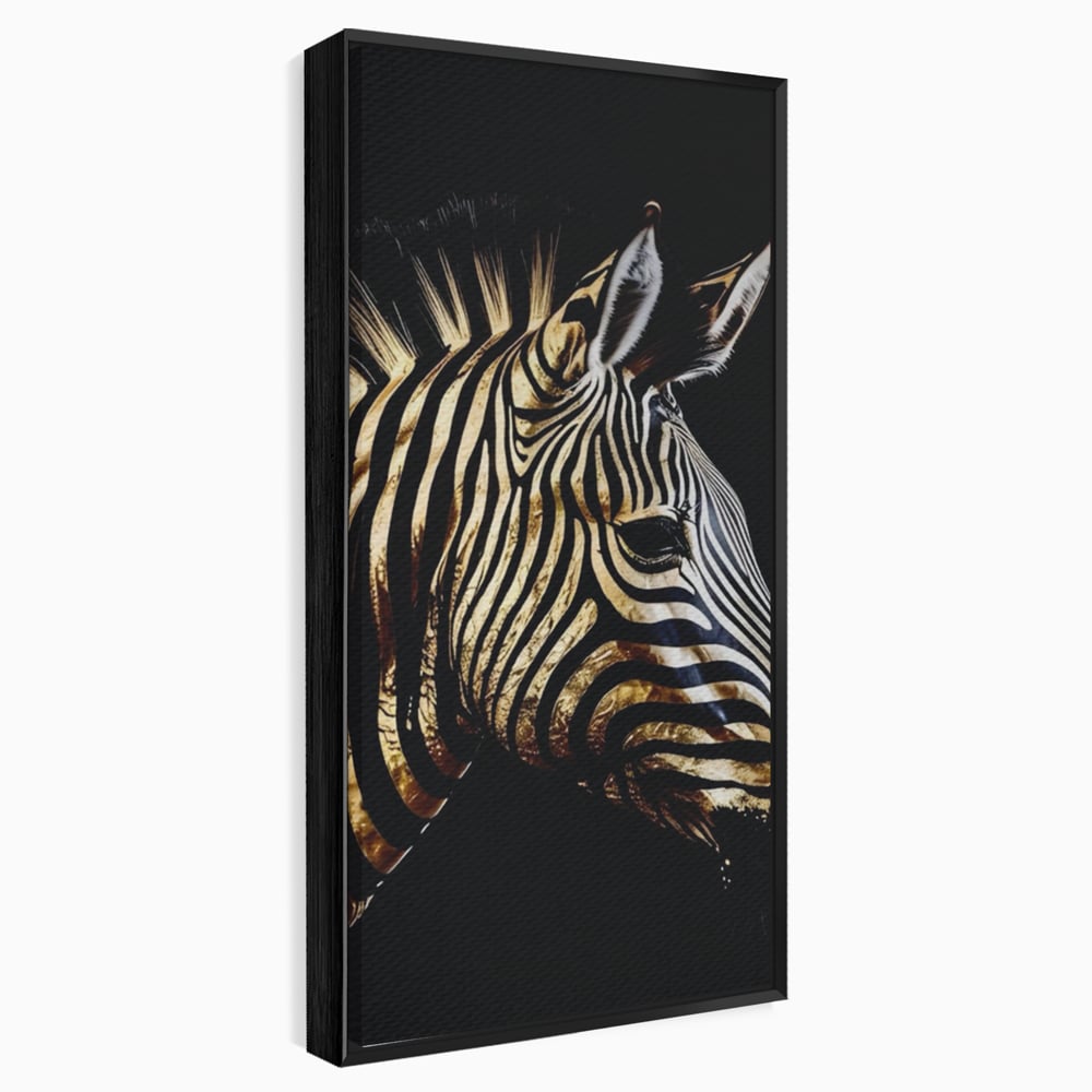 Tablou canvas cu tablou canvas cu cap de zebra aurie, in rama de aluminiu negru